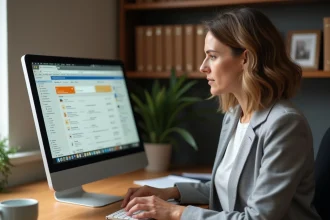Femme organisant sa boîte mail Orange sur un ordinateur de bureau dans un bureau à domicile bien rangé
