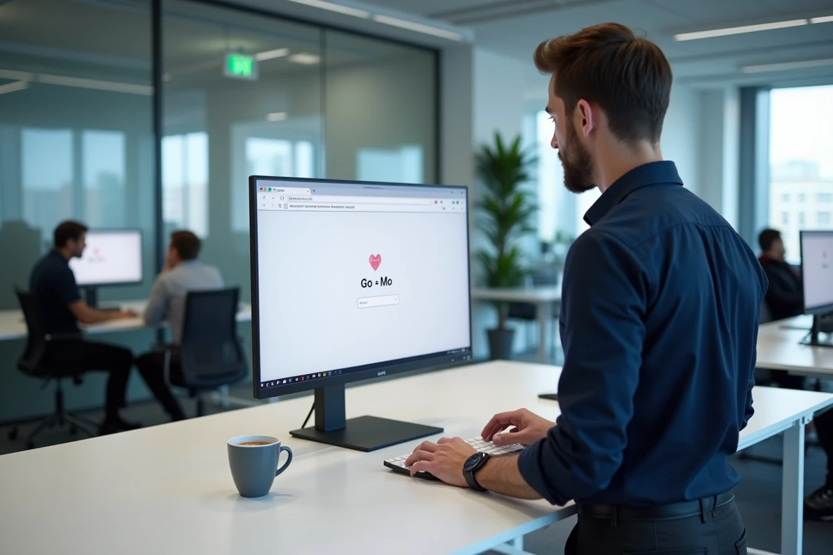 Homme utilisant un outil de conversion Go en Mo sur un grand écran de bureau en open space