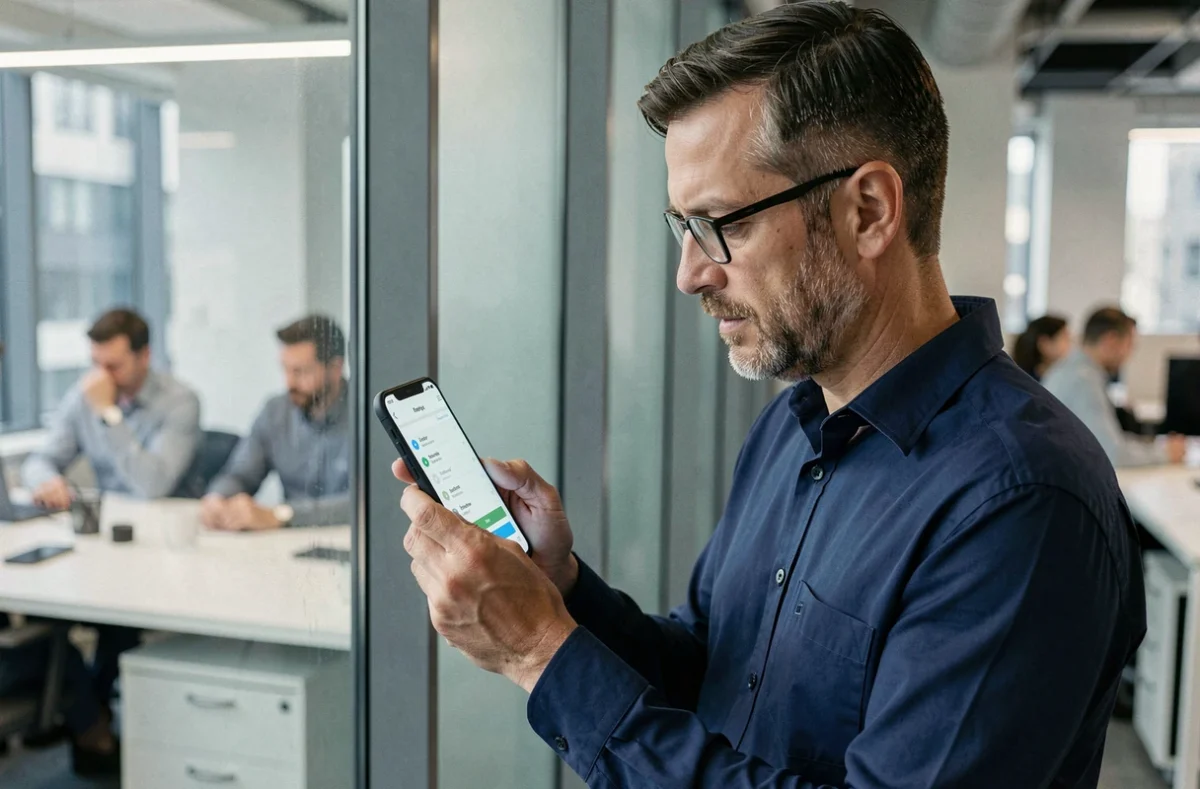 Homme en bureau d'entreprise consultant les paramètres de confidentialité de son téléphone avant de vider la corbeille de ses fichiers