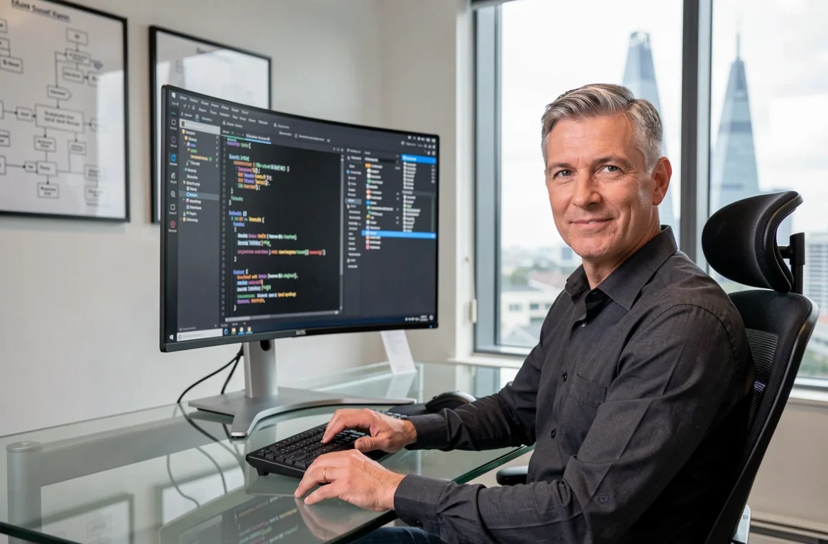 Patrick Bourges, développeur logiciel expérimenté, travaillant sur un environnement de développement intégré complexe dans un bureau privé avec vue sur La Défense