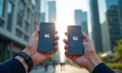 Personne tenant deux smartphones montrant 4G et 5G en ville