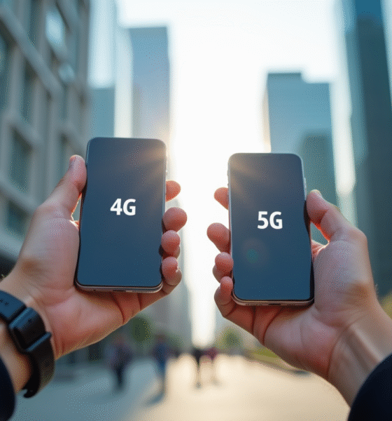 Personne tenant deux smartphones montrant 4G et 5G en ville