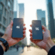 Personne tenant deux smartphones montrant 4G et 5G en ville