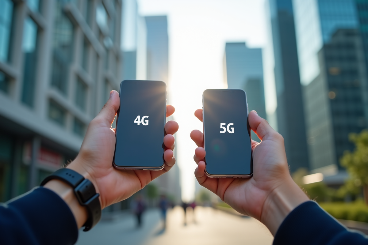 Personne tenant deux smartphones montrant 4G et 5G en ville