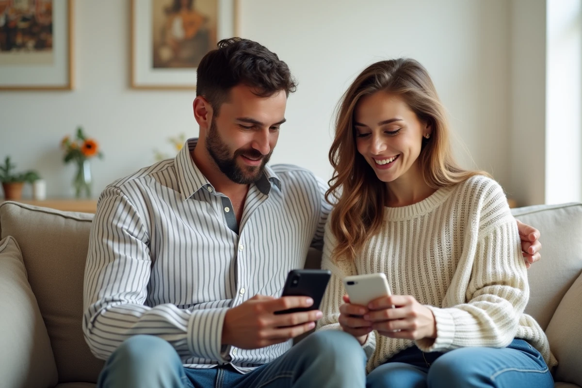 Deux personnes consultant des messages en italique sur Discord depuis un smartphone dans un salon moderne
