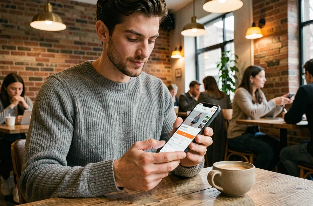 Personne tenant un Pixel 9 Pro XL dans un café en comparant des offres en ligne