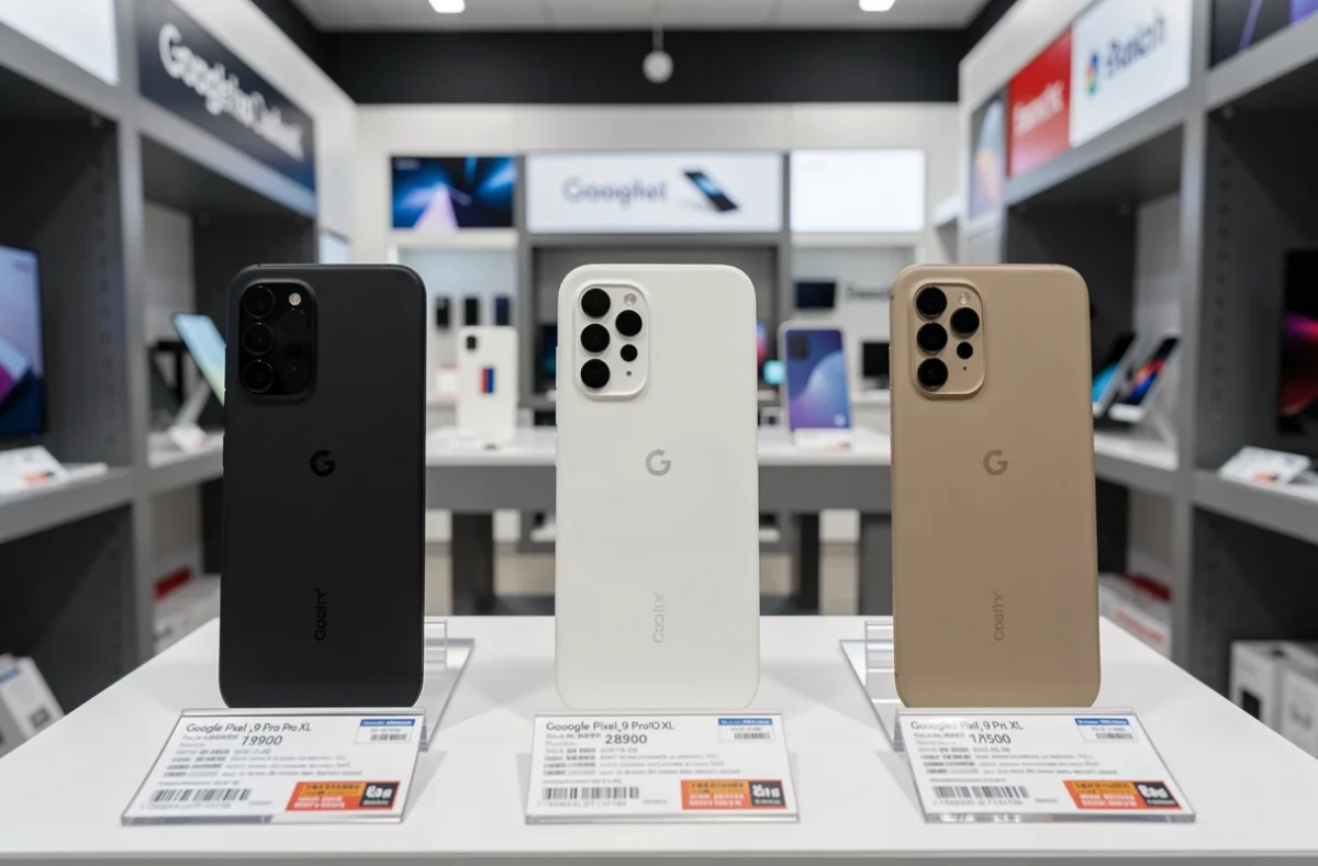 Trois modèles Google Pixel 9 Pro XL exposés en magasin avec étiquettes de prix promotionnels