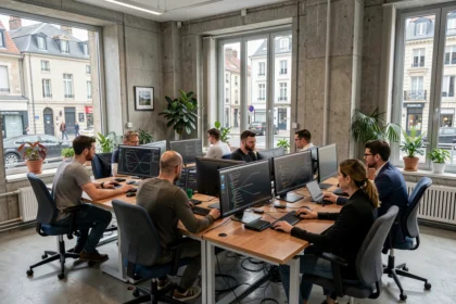 Vue d'ensemble d'un bureau informatique moderne en Normandie avec des professionnels collaborant autour de postes de travail