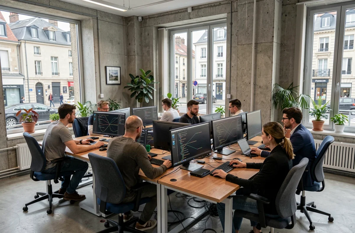 Vue d'ensemble d'un bureau informatique moderne en Normandie avec des professionnels collaborant autour de postes de travail