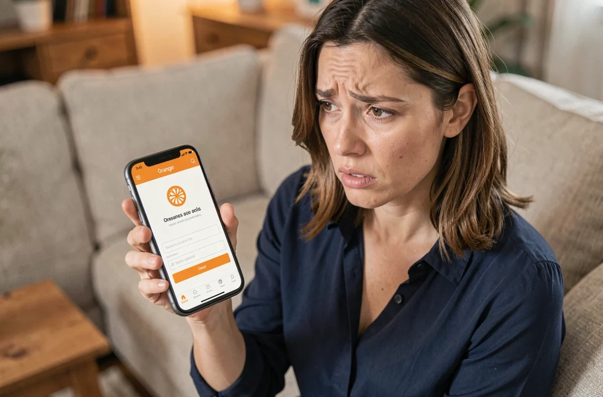Femme consultant l'application Orange sur smartphone avec un message d'erreur de mot de passe