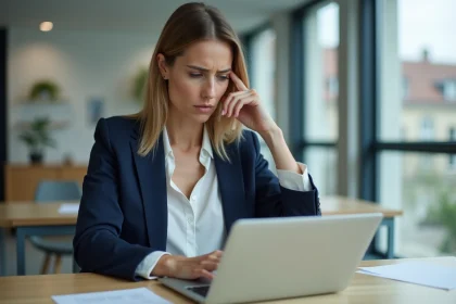 Femme professionnelle frustrée face à un message d'erreur de connexion webmail sur son ordinateur portable dans un bureau à Dijon