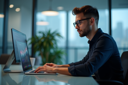 Jeune homme IT concentré travaillant sur un ordinateur portable
