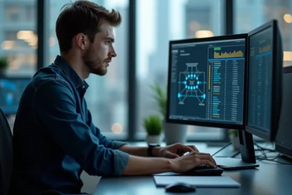 Jeune homme professionnel informatique analysant un diagramme réseau