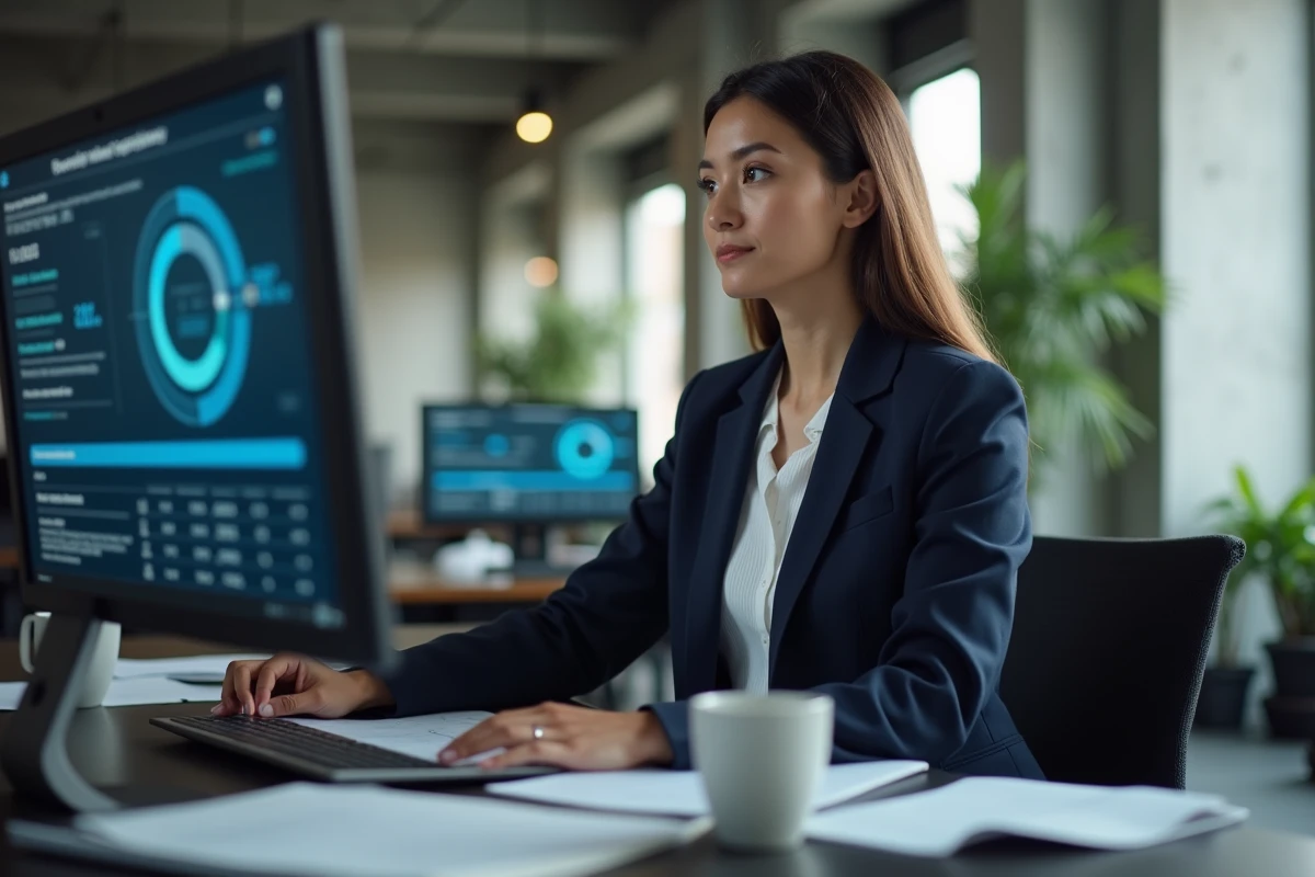 Professionnelle en blazer marine analysant des offres de services IT sur deux écrans dans un bureau moderne en 2026