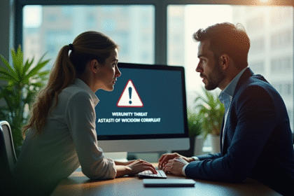 Homme et femme au bureau face à un écran d'alerte sécurité