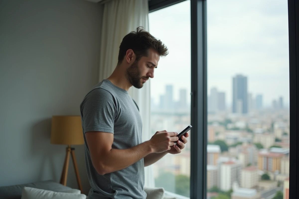 Homme tenant son smartphone affichant une erreur de profil introuvable sur Instagram dans un appartement moderne