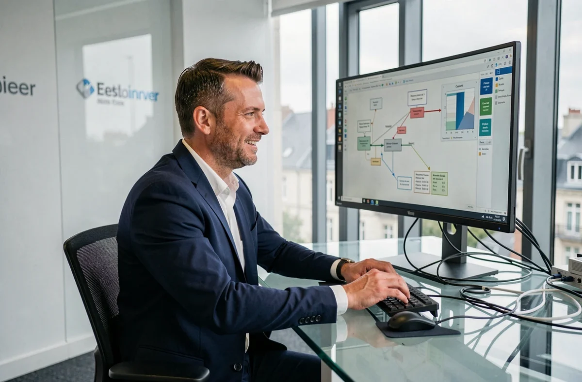 Consultant informatique de Provectio analysant des diagrammes d'infrastructure sur un écran dans un bureau moderne à Caen