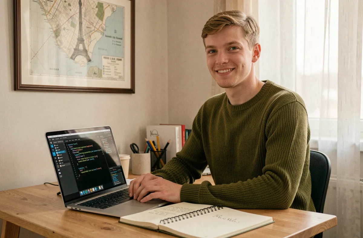 Quentin Pollet, développeur web freelance, écrivant du code HTML et JavaScript sur son ordinateur portable dans un bureau à domicile orné d'une carte de Paris