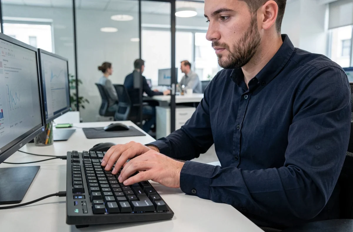 Homme utilisant les touches fléchées d'un clavier mécanique Windows dans un bureau moderne en open space