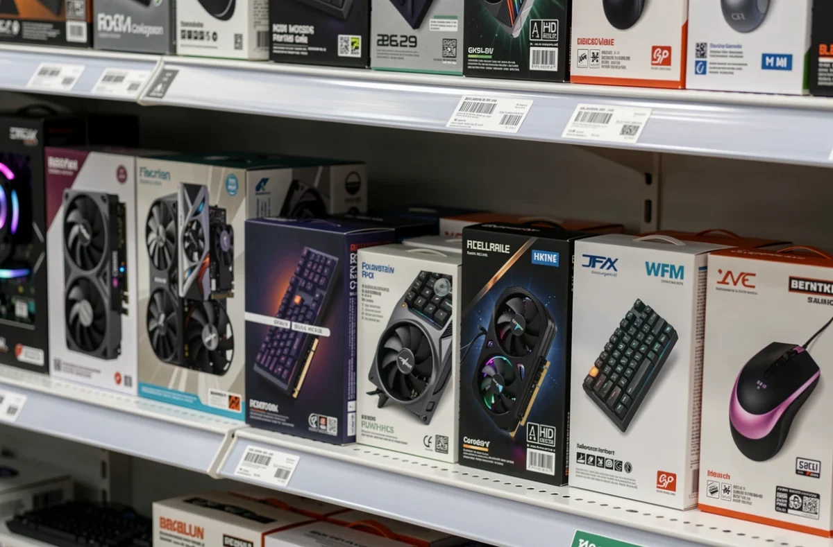 Rayon de composants et de périphériques informatiques dans un magasin