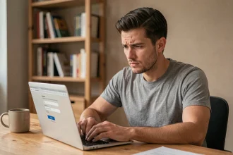 Homme concentré tentant de récupérer son mot de passe perdu sur un site depuis son bureau à domicile