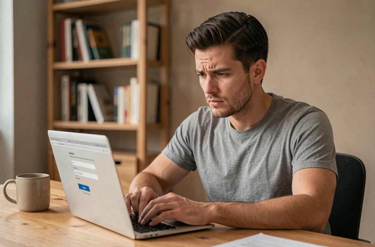 Homme concentré tentant de récupérer son mot de passe perdu sur un site depuis son bureau à domicile