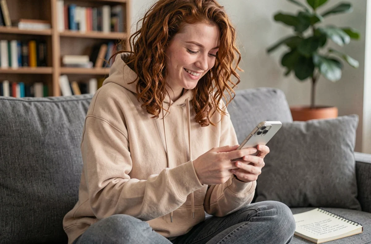 Jeune femme souriant en récupérant ses photos supprimées via iCloud sur iPhone dans un salon