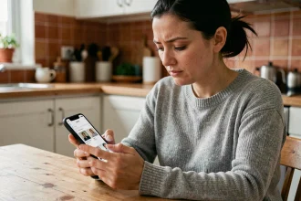 Femme récupérant des photos supprimées sur iPhone dans une cuisine, tutoriel simple