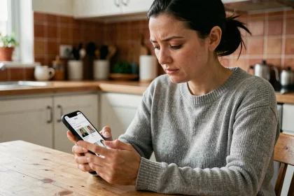 Femme récupérant des photos supprimées sur iPhone dans une cuisine, tutoriel simple