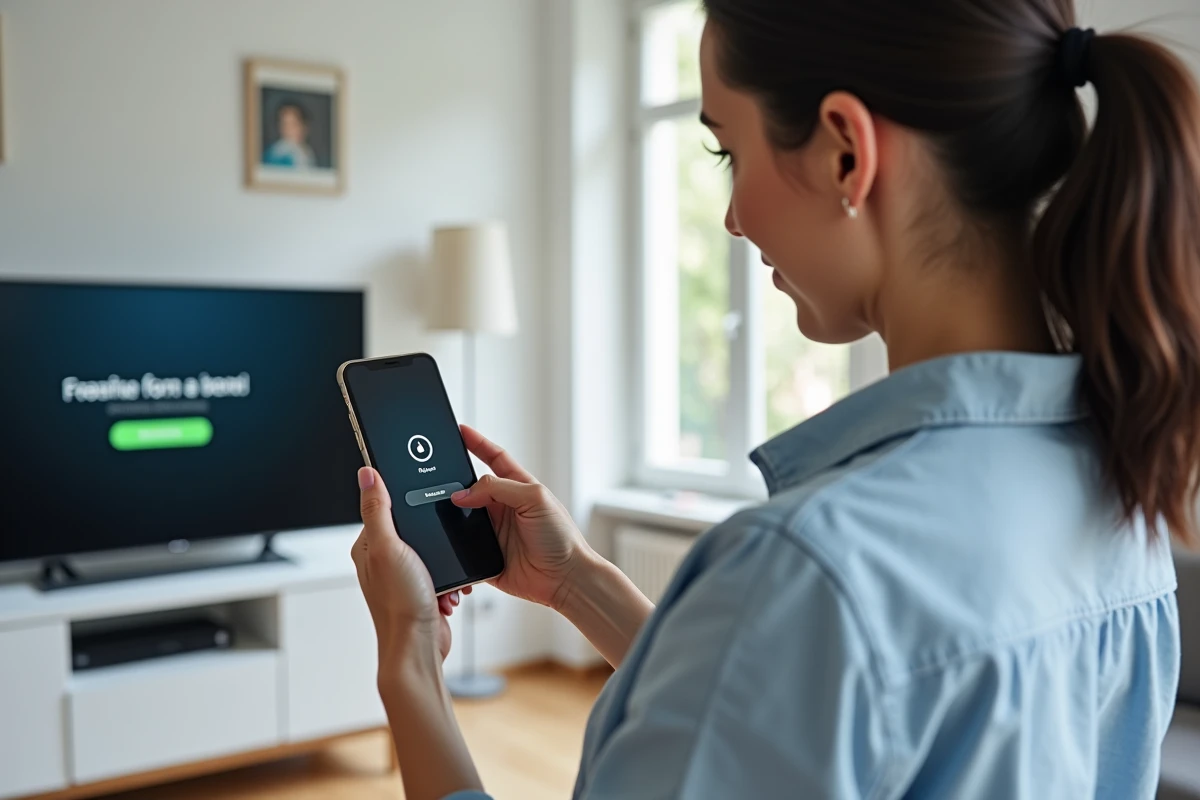 Femme redémarrant la Freebox depuis son smartphone via l'interface mafreebox.freebox.fr dans un salon moderne