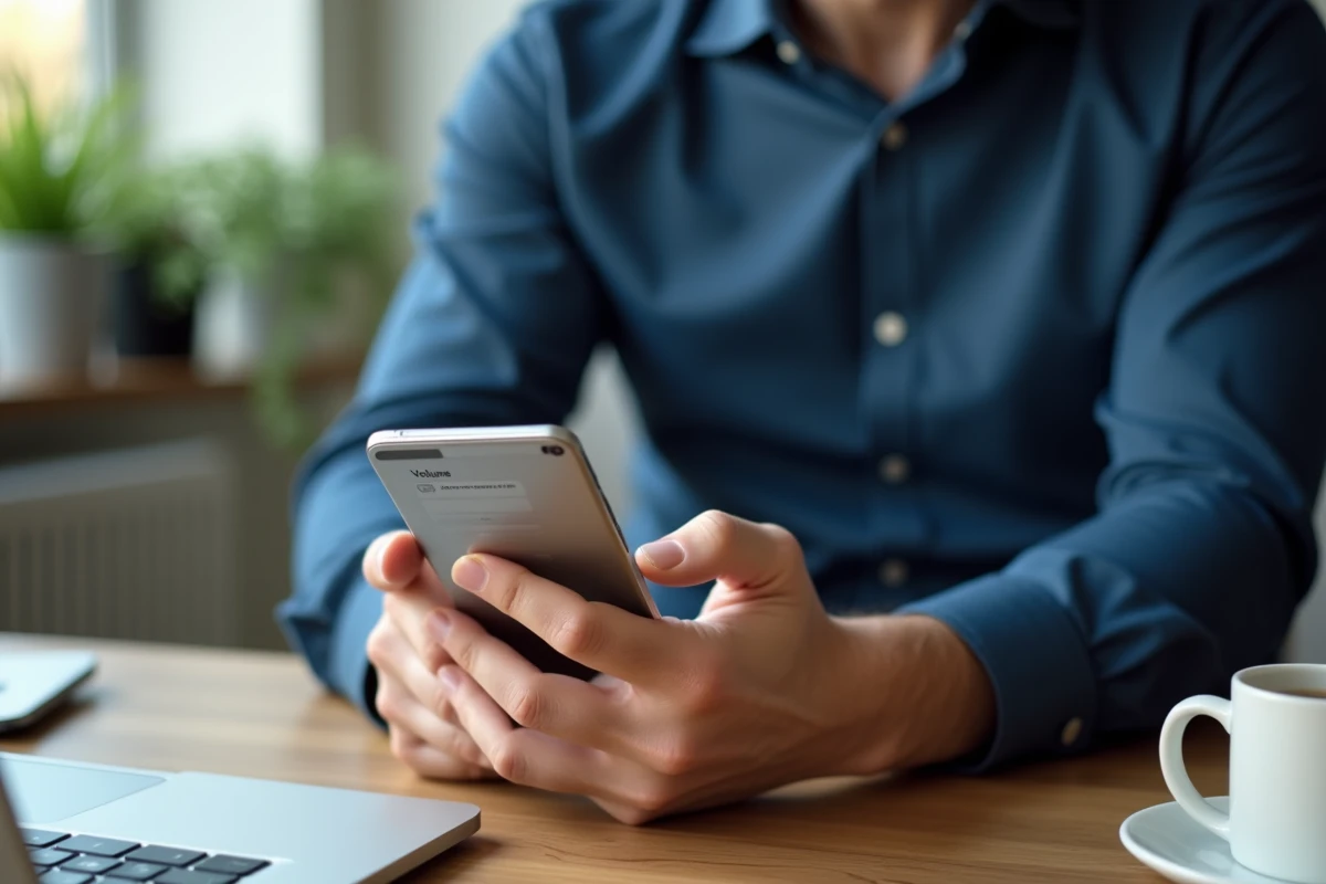 Homme réglant le volume de l'alarme iPhone séparément des sonneries sur bureau en bois