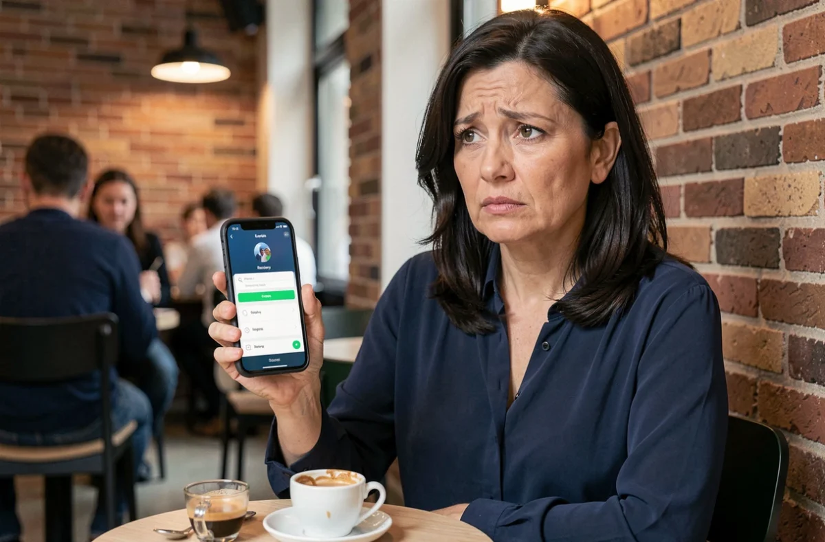 Femme utilisant son smartphone pour réinitialiser un mot de passe oublié dans un café