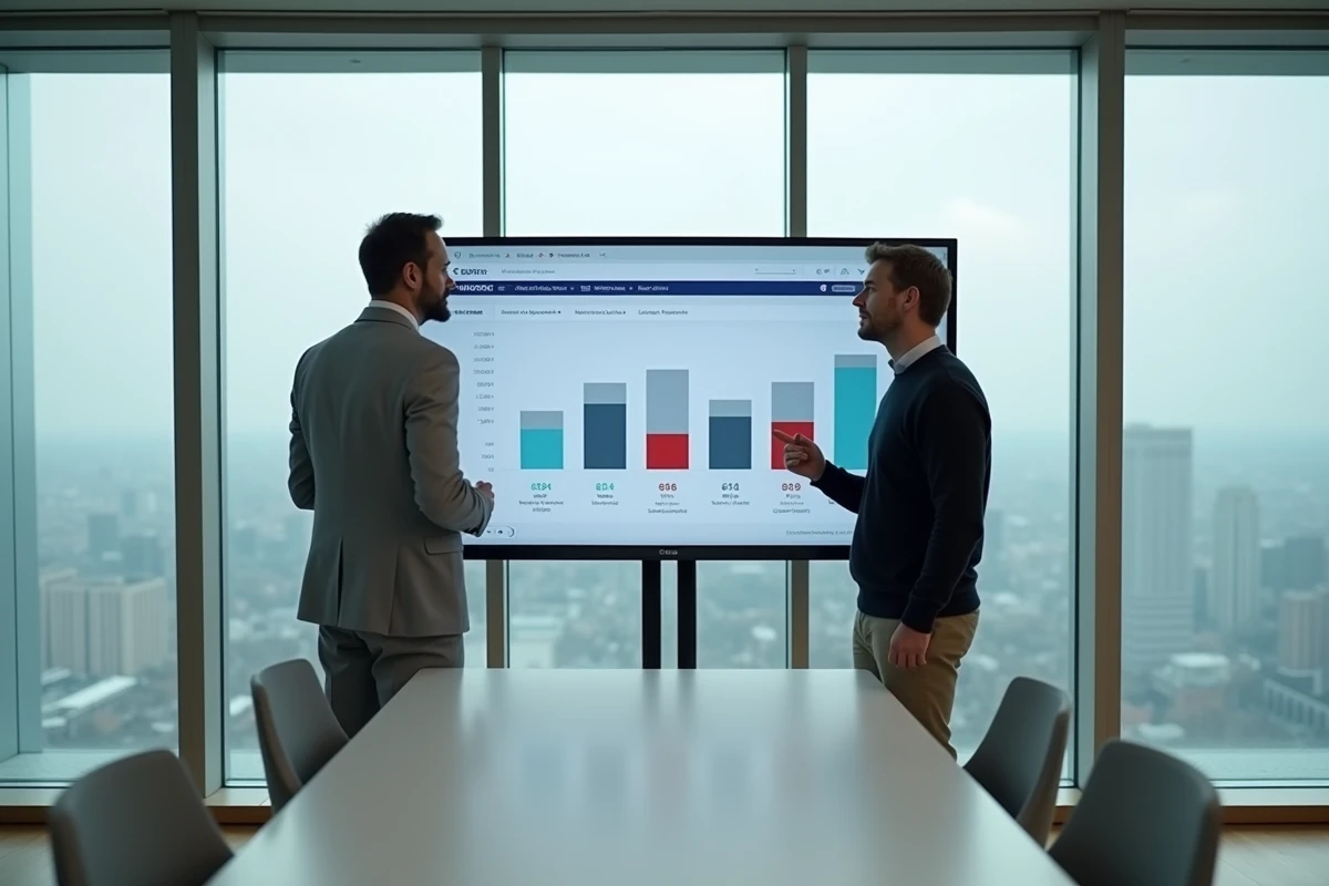 Deux décideurs comparant des services IT sur un écran interactif lors d'une réunion professionnelle