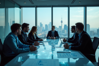 Groupe de professionnels autour d'une carte digitale en réunion