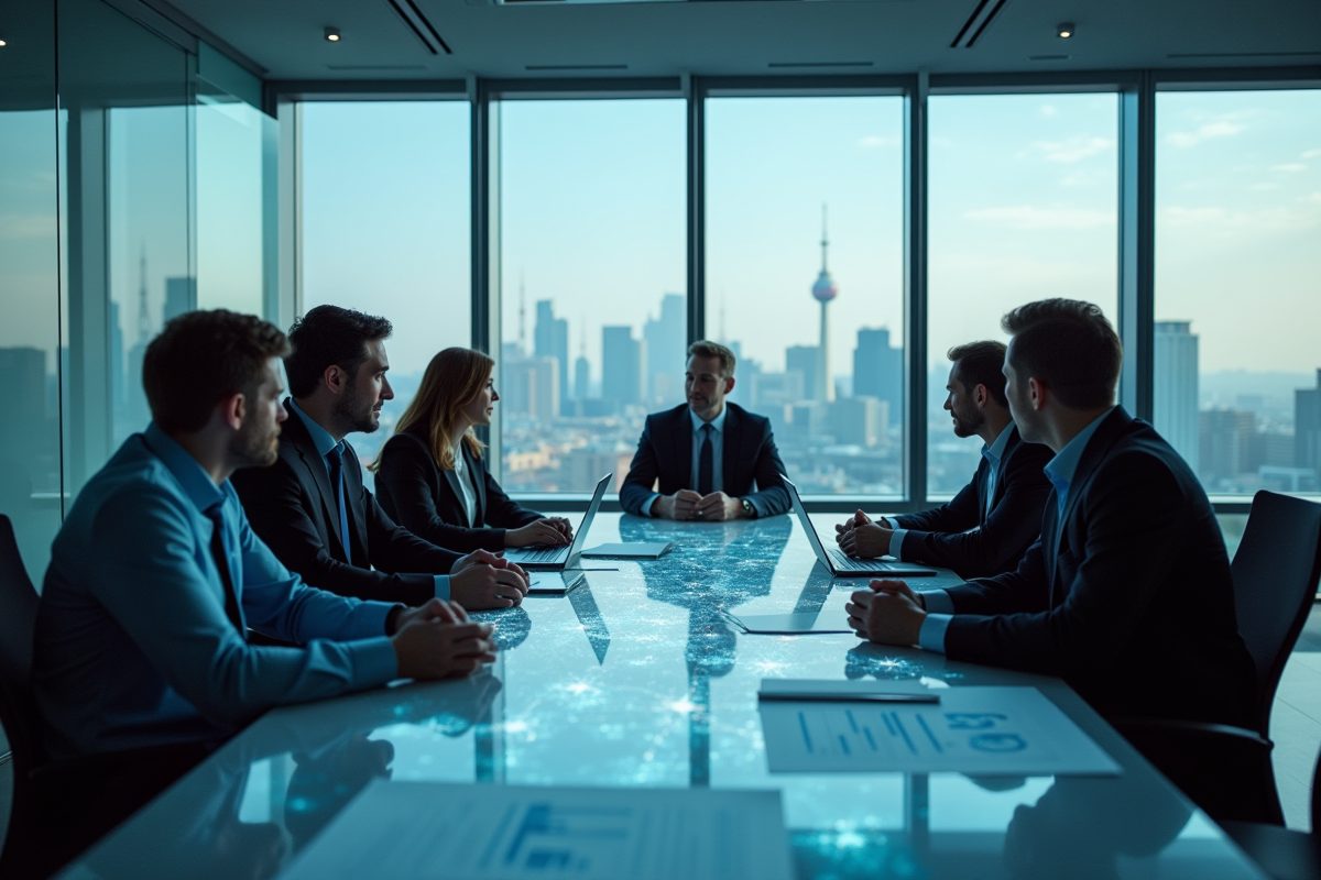 Groupe de professionnels autour d'une carte digitale en réunion