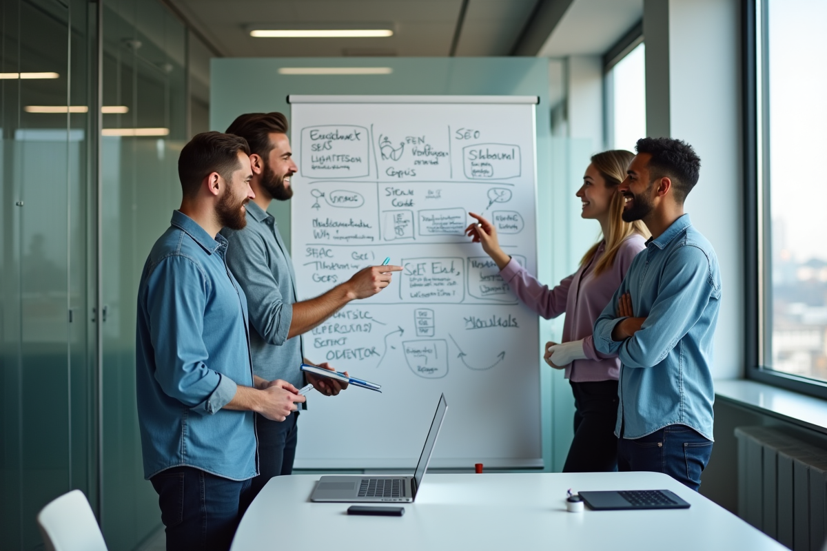 Groupe de jeunes professionnels collaborant devant un tableau blanc