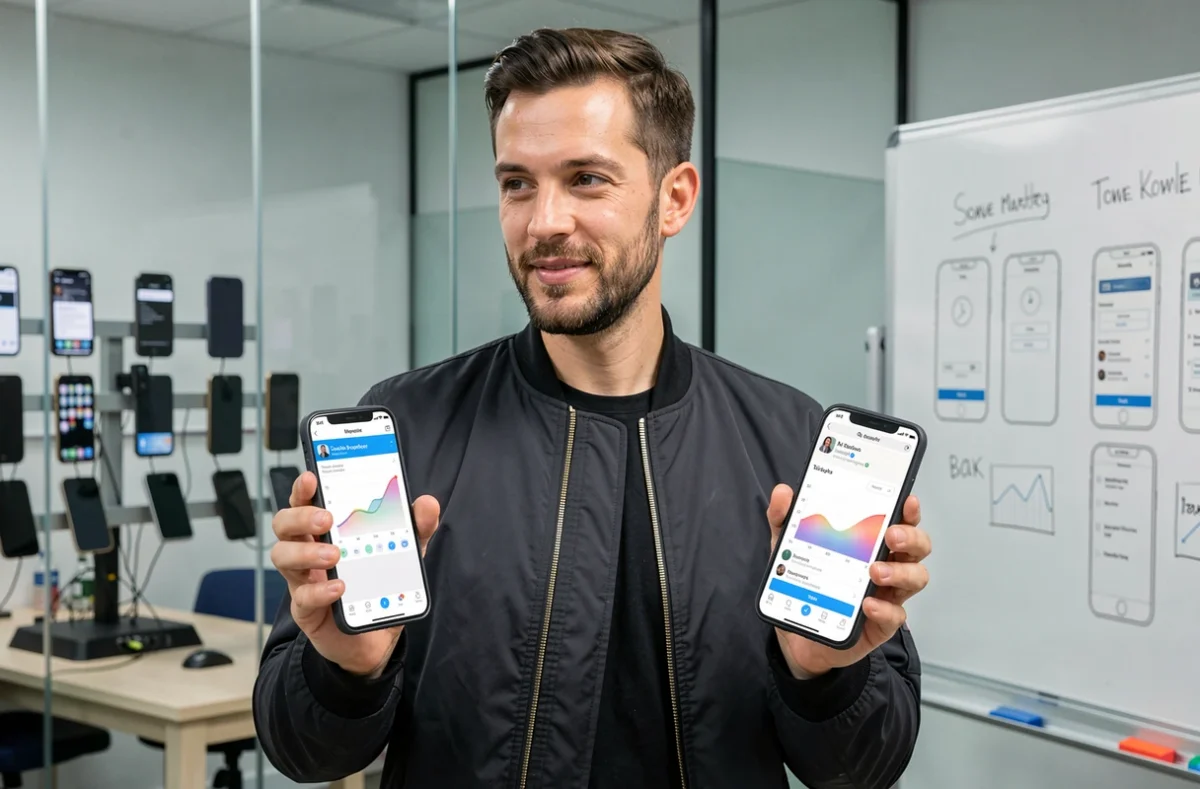 Roger Clanget, responsable d'agence de développement mobile, présentant une application mobile sur des smartphones iOS et Android dans un espace de travail collaboratif