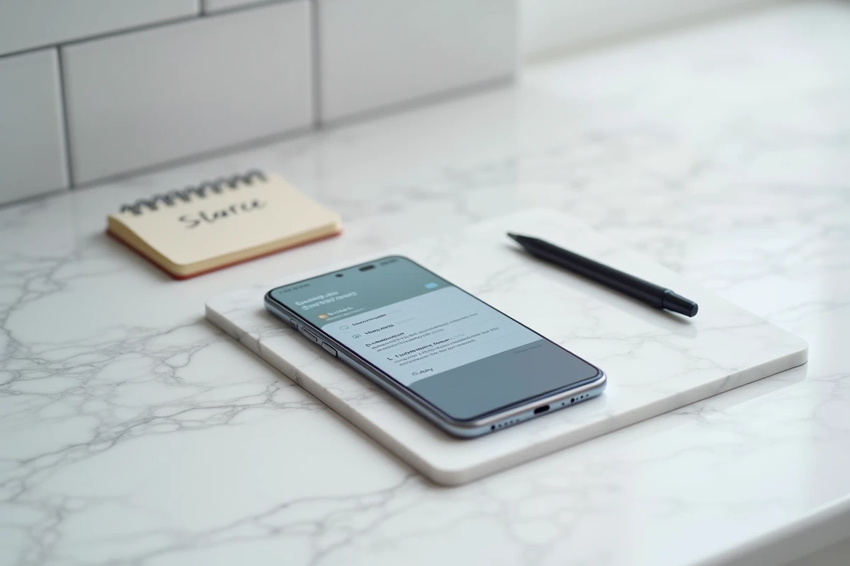 Samsung Galaxy A51 posé sur marbre affichant les informations de date de sortie et de série logicielle