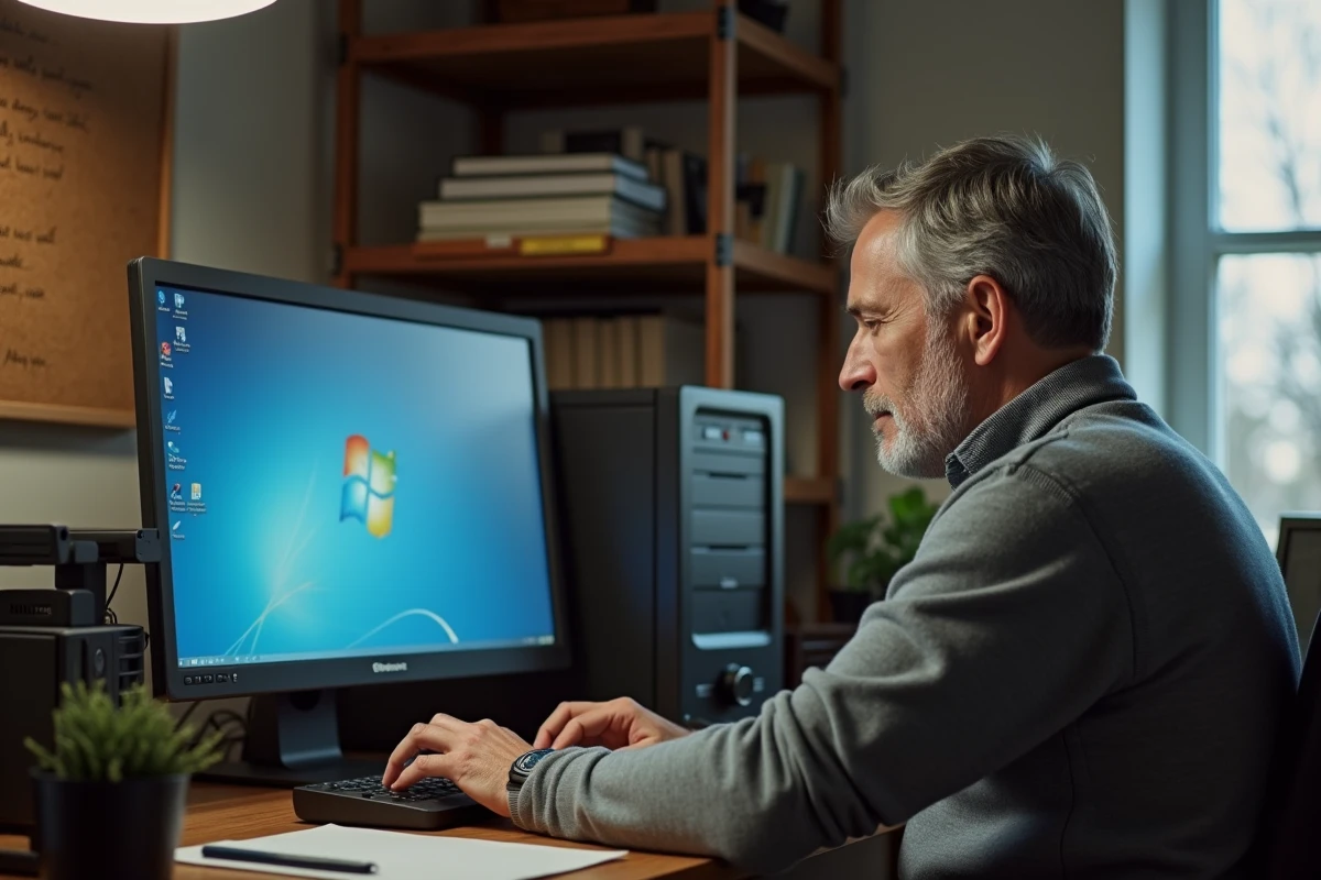Homme d'une cinquantaine d'années sécurisant un ancien PC sous Windows 7 dans un bureau à domicile