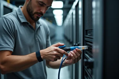 Technicien réseau en train de sertir un connecteur RJ45 sur un câble Cat6 dans une salle serveur professionnelle
