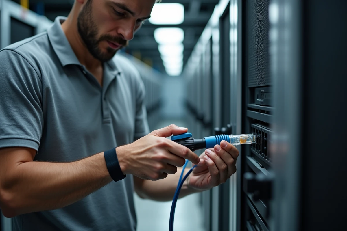 Technicien réseau en train de sertir un connecteur RJ45 sur un câble Cat6 dans une salle serveur professionnelle