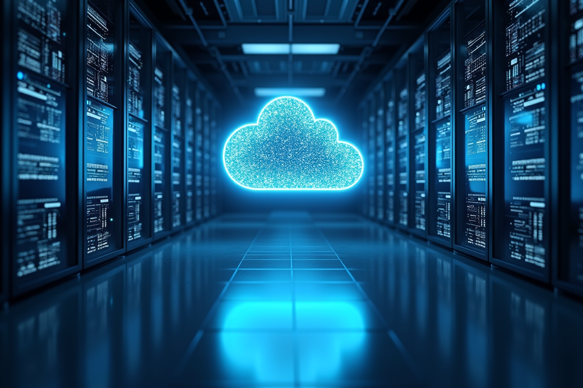 Salle serveurs avec hologramme de nuage pour technologie cloud