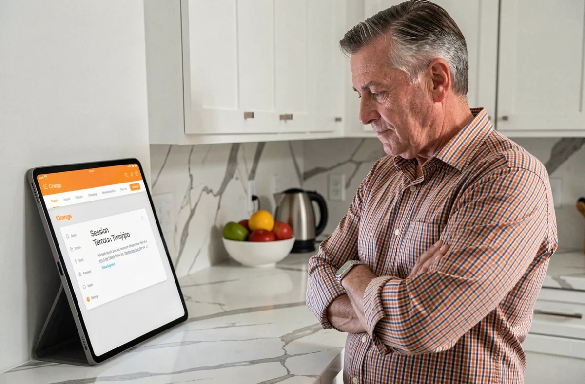 Homme d'âge mûr face à un problème de session expirée sur le portail Orange depuis une tablette