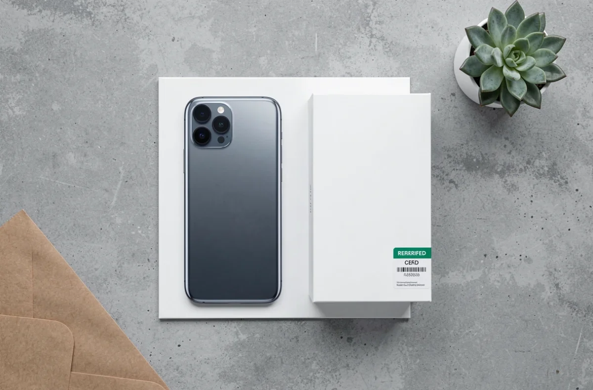Smartphone reconditionné certifié posé sur fond blanc avec emballage et étiquette de reconditionnement