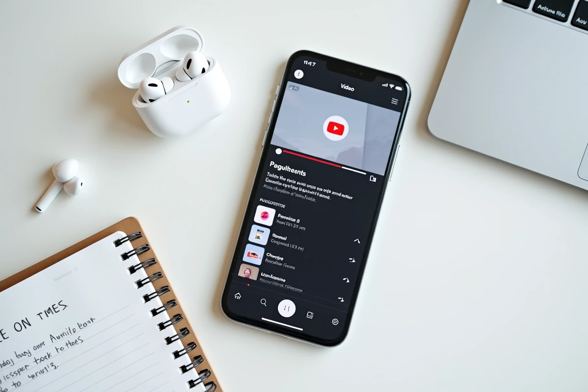 Vue de dessus d'un smartphone affichant YouTube et un gestionnaire de fichiers audio WAV sur un bureau minimaliste