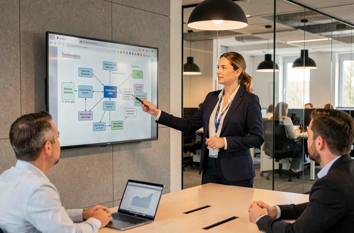 Chef de projet Sopra Steria présentant une feuille de route de transformation digitale à ses collègues