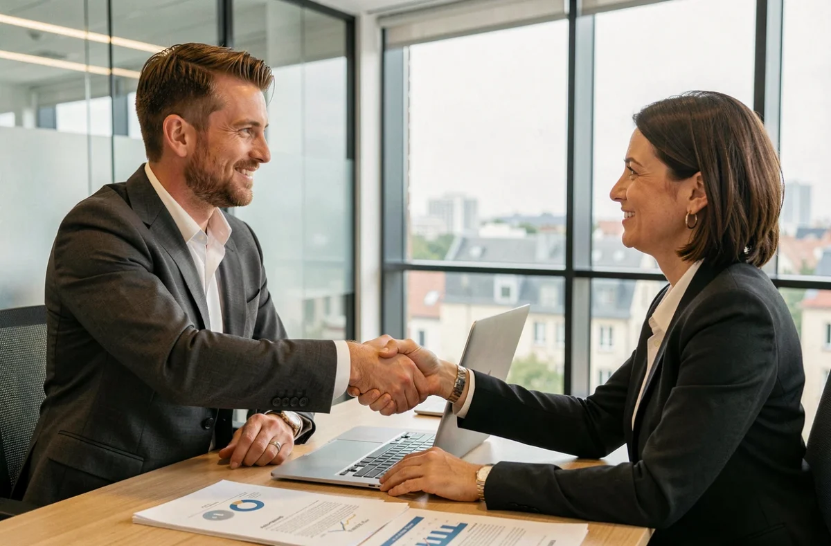 Consultant Synchrone concluant un accord de recrutement IT avec une cliente dans un espace de réunion moderne