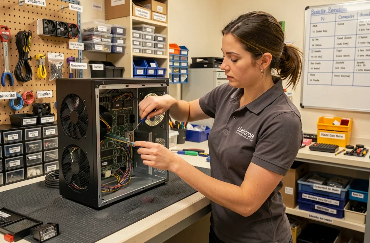 Technicienne de Tech Computer installant des composants matériels dans un atelier informatique professionnel