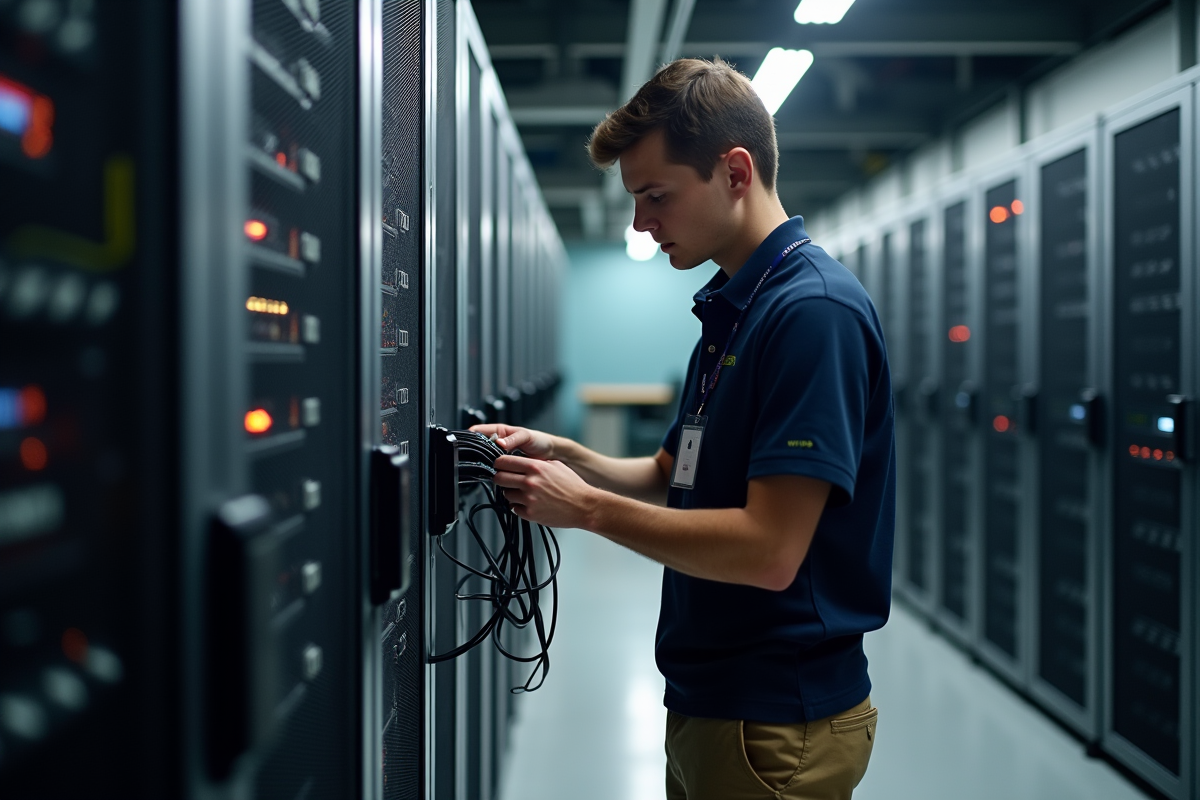 Jeune technicien informatique connectant des câbles réseau dans un serveur
