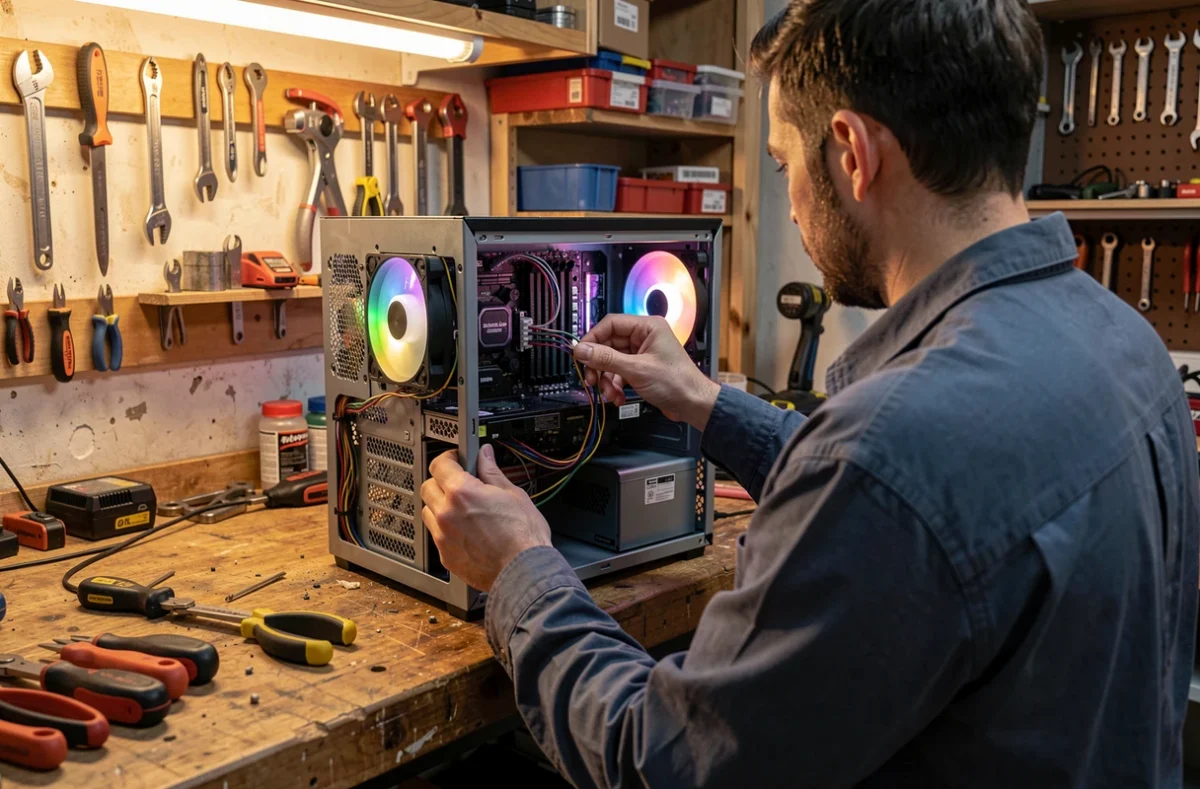 Technicien qui monte un PC dans un atelier informatique